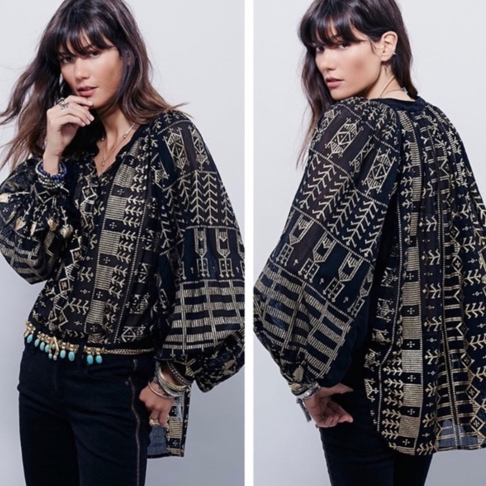Free People New Romantics Palacio Blouse black and gold tribal pattern XS NWOT